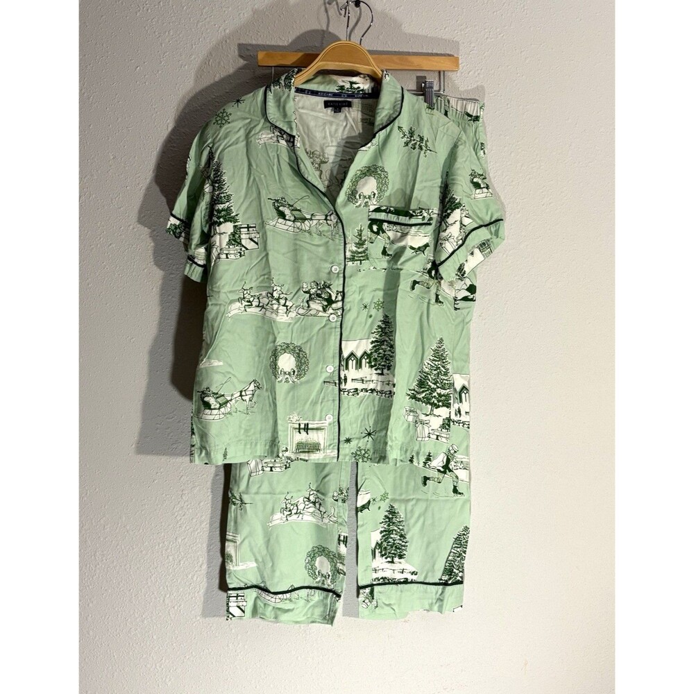 Katie Kime Women's Green Christmas Graphic Print 2-Pc Pajama Set Button L